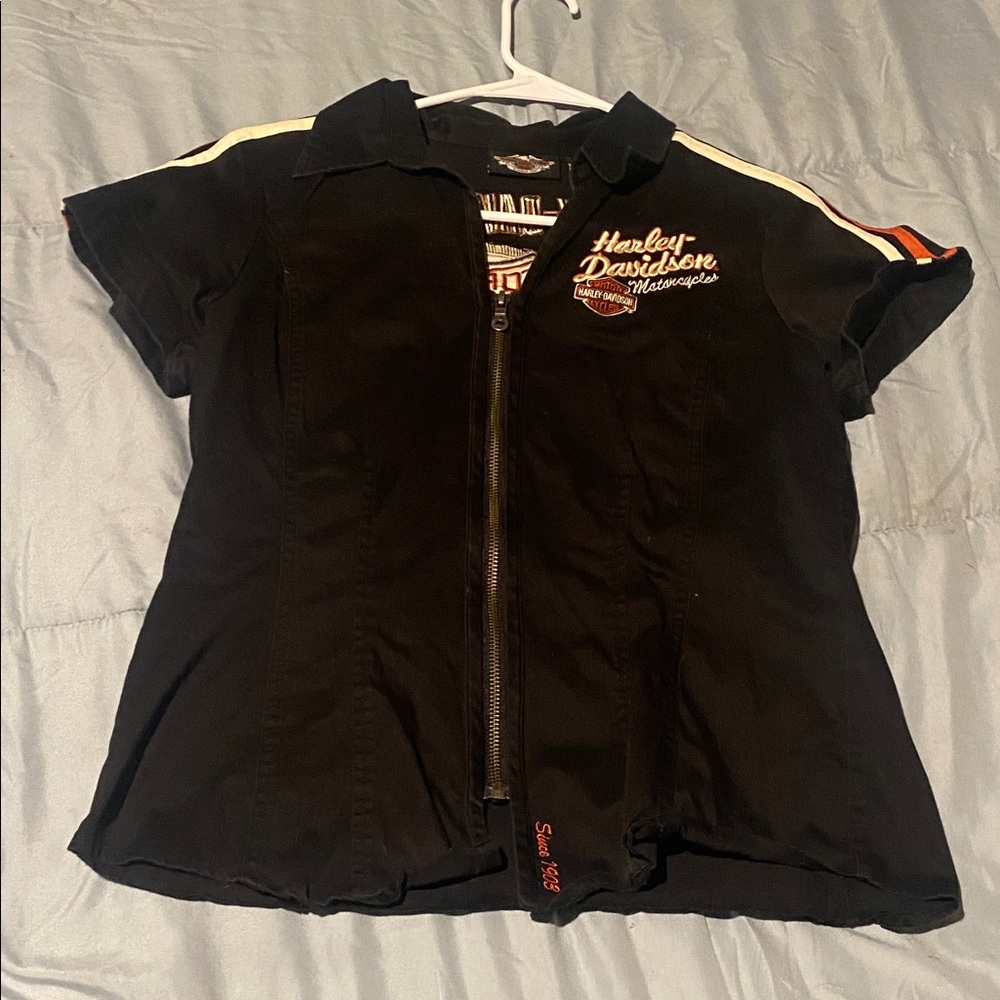 Harley-Davidson Black and Orange Zip-Up Top